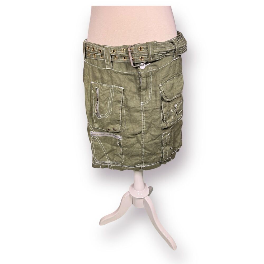 Pete & Greta 100% Green Linen‎ Belted Cargo Mini Skirt Size 4 Retro Midi Skirt